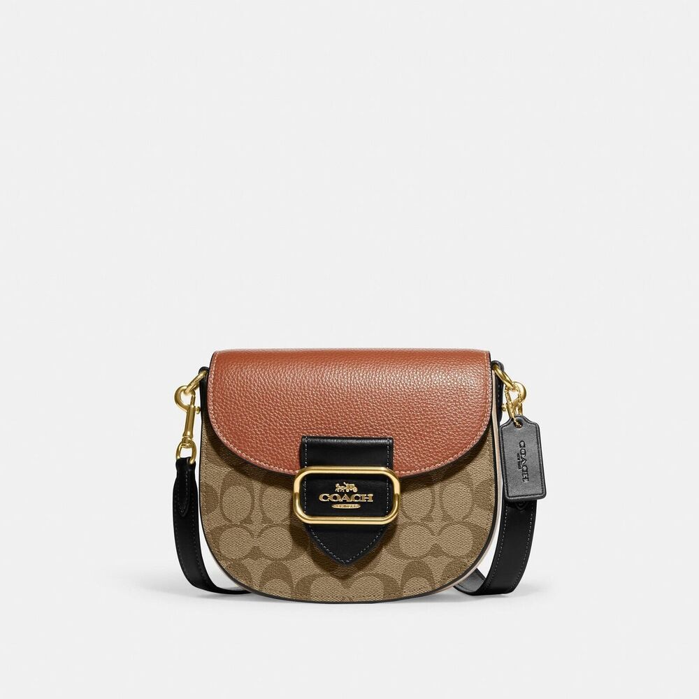 Coach Morgan Saddle Bag Colorblock Signature Canvas Crossbody Khaki Beige CE565